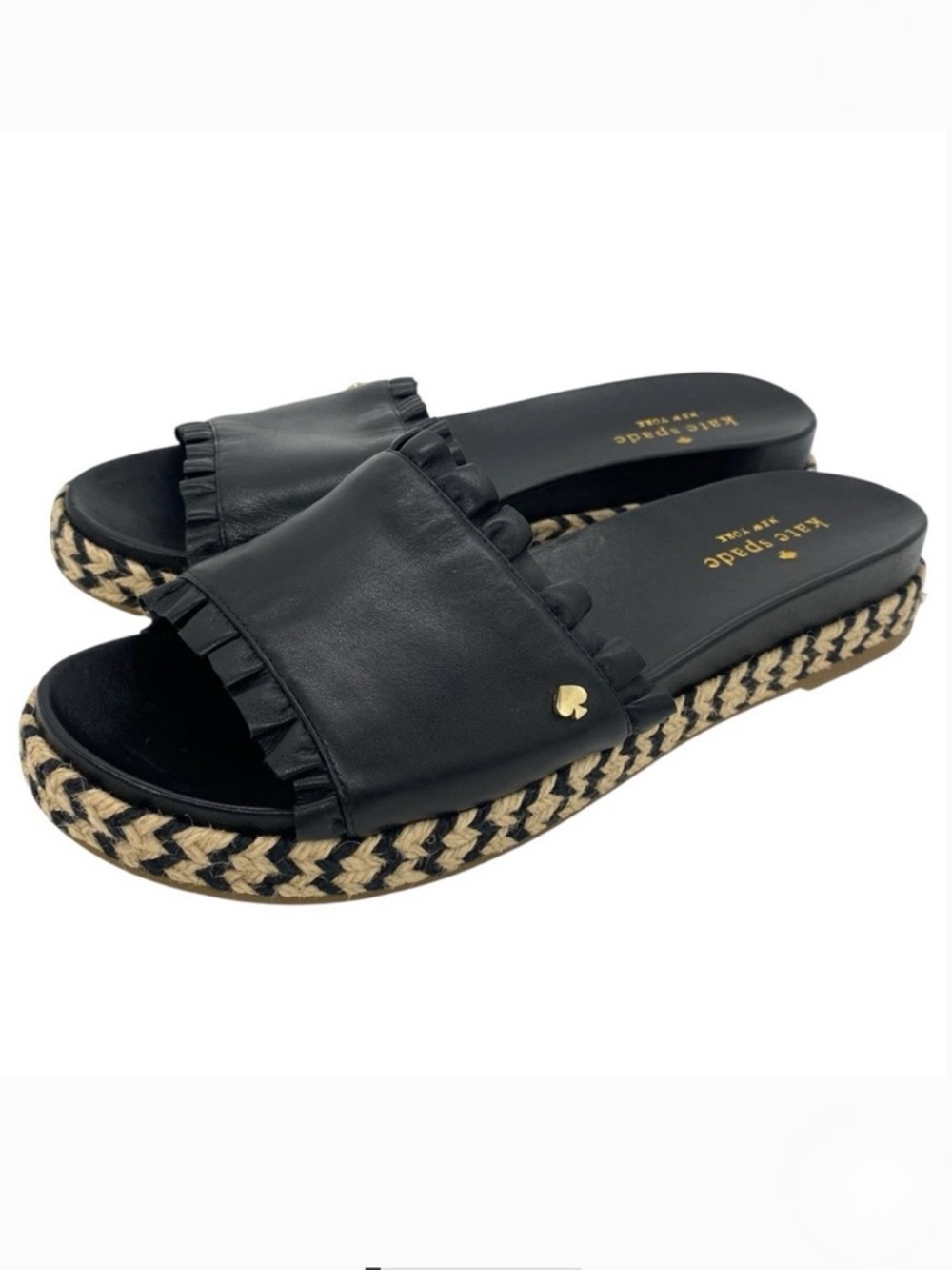Kate Spade Zahara Black Leather Ruffle Slide Sandals Espadrilles
